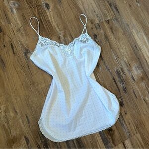 VTG 80s 90s White & Pink Polka Dot Lace Trim Lingerie Slip Dress